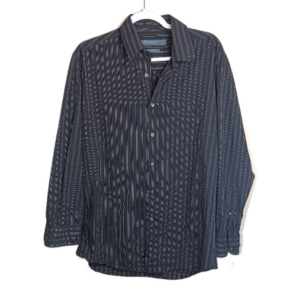 Perry Ellis Pinstripe Shirt Mens 15.5 Black Classic Fit 100% Cotton Button Down